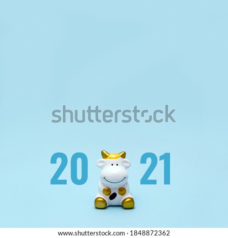 Toy cow and numbers 2021 on blue background. The white bull is a symbol of the New Year according to the Eastern calendar. Copy space