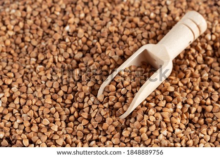 Raw brown buckwheat and wooden scoop close-up