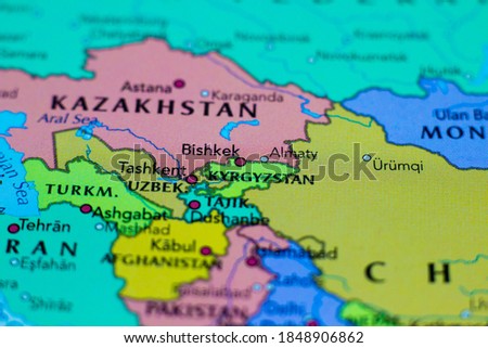 Bishkek, the capital and largest city of Kyrgyzstan on a geographical map Royalty-Free Stock Photo #1848906862