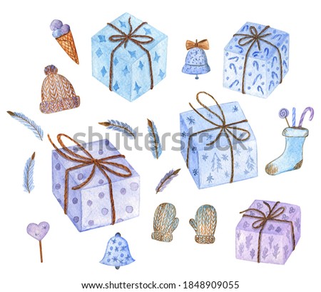 Watercolor clip art - set of the gift boxes and Christmas stuff on a white isolated background. Cute illustrations in tender blue and violet colors. For holiday season decorations. 