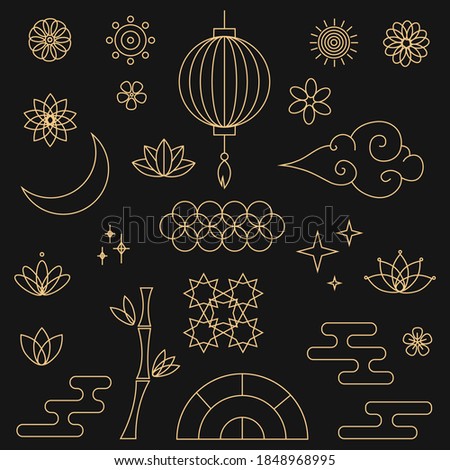 Decorative golden asian elements in oriental style with moon, stars, clouds, patterned circles, lanterns, fireworks, flowers. Set of asian design element. Vector illustration