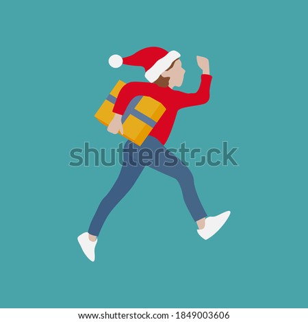 Happy little girl with Christmas gift box isolated on background, Flat illustration vector. 