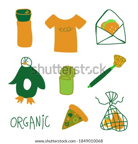 Vector ecological set in green and orange colors.Collection of illustrations and lettering.Clip art with penguin,pizza,organic,thermal mug,metal, brush.Design for posters,T-shirts,packages.