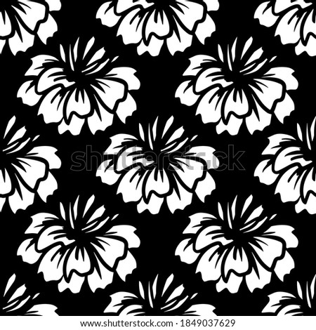 Seamless pattern with white flowers on black background. Vector illustration. fabric print.