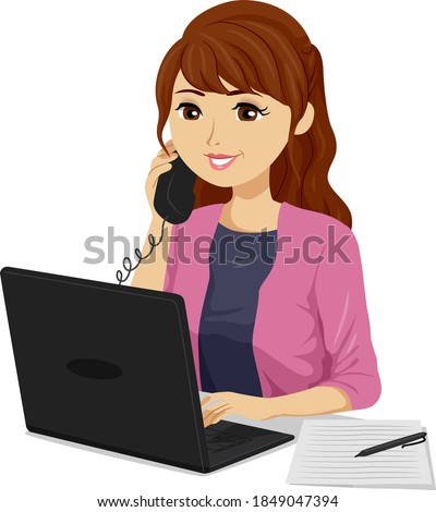 Illustration of a Teenage Girl Answering the Phone and Working on Laptop During Internship