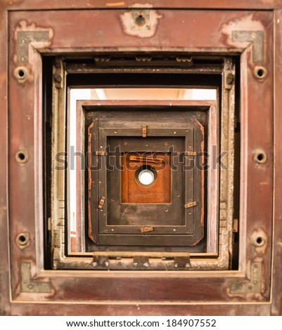 Square hole of old wood camera