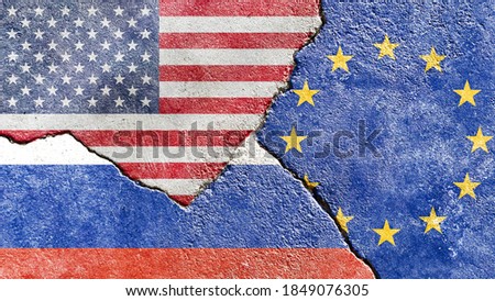 Faded US (United States) VS Russia VS EU (European Union) flags isolated on cracked wall background, abstract USA Russia Europe politics partnership relationship conflicts concept