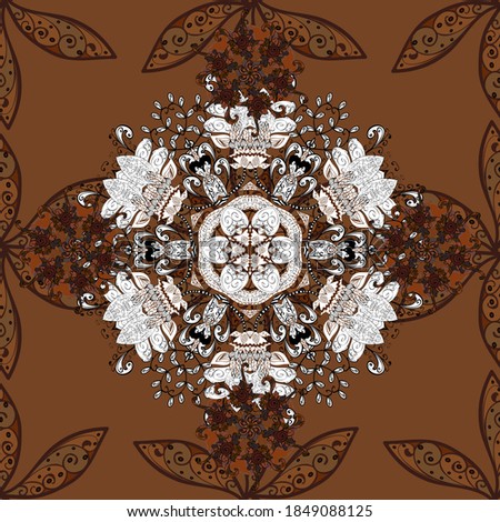 Doodle flowers seamless pattern. Black, brown and white hand drawn pattern. Art inspiblack, brown and white style flowers and leaves background. Pattern.