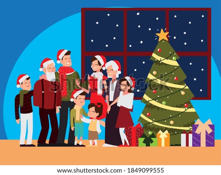 christmas people, family together with tree and gifts celebrating season party vector illustration