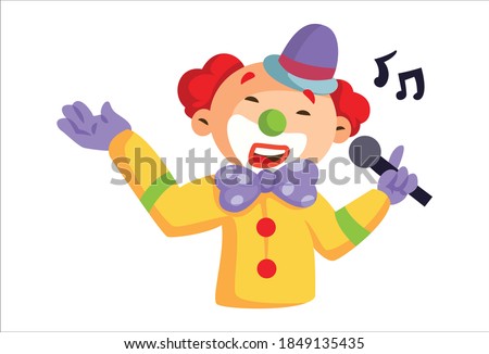 Vector cartoon illustration. Joker is holding a mike and singing songs. Isolated on a white background.