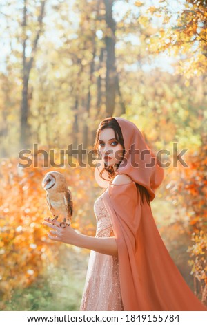Portrait of fantasy girl princess walks with white bird barn owl on her hand. Beautiful mystical woman in medieval cape cloak with hood looks into camera. Background bright autumn nature, forest trees