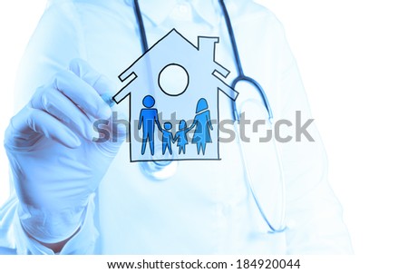 medical doctor hand drawing family Health care icon as concept 