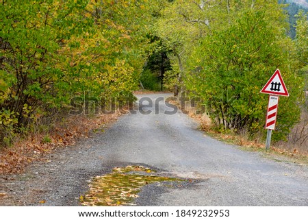 Pathway surrounded by yellowed trees in autumn, fallen leaves and train crossing sign