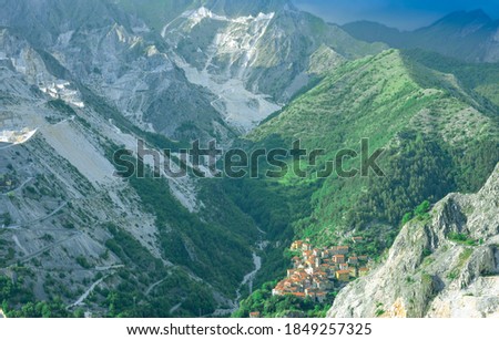 Scenery  of mountains Apuane and green valley in Tuscany with marble mines, panoramic landscape, Italy