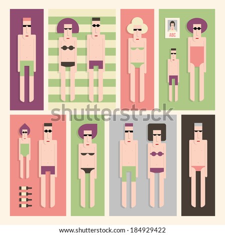 Twelve people sunbathing on the beach, vector cartoon illustration