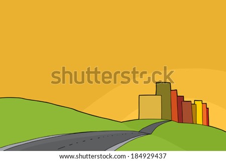 Cartoon of city and rural meadows background