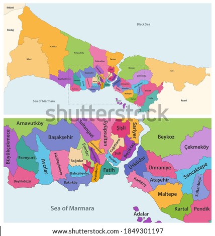 Districts of Istanbul province vector close up detailed map  Royalty-Free Stock Photo #1849301197