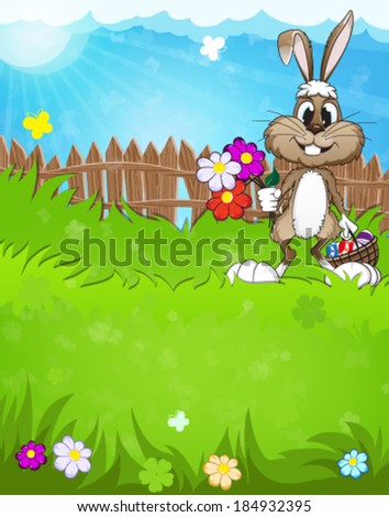 Bunny with Easter basket and flowers in the meadow