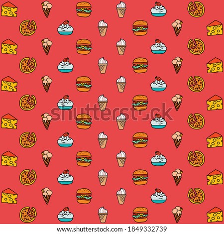 burger cup and cone ice cream pizza cheese on red background repeat pattern
