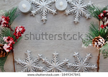 Festive Christmas card with fir tree and snowflakes on wood background. Christmas template for banner, ticket, leaflet, card, invitation, poster 
