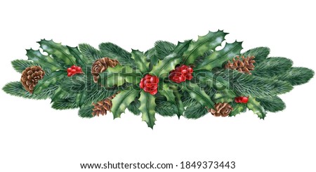 Watercolor illustration with winter plants,cones, holly isolated on the white background.Hand painted watercolor clipart. Christmas composition, new year holiday.