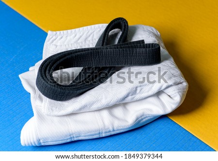 Black judo, aikido or karate belt on white judo gi Royalty-Free Stock Photo #1849379344