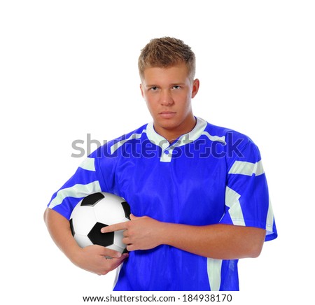 Image of a young football player with the ball in the blue uniform. Isolated on white background