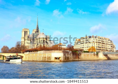 Notre Dame de Paris and Seine river scenery . Parisian view of Ile de la Cite