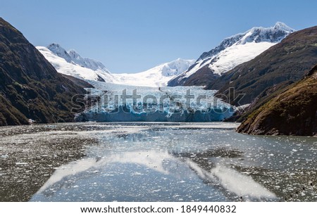 Brüggen Glacier, also known as Pío XI Glacier, is in southern Chile and is the largest western outflow from the Southern Patagonian Ice Field. Royalty-Free Stock Photo #1849440832