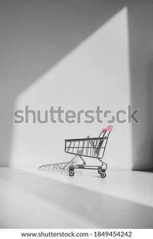Shopping cart isolated on white background. Safe online shopping on quarantine concept. Empty supermarket shopping trolley with copy space