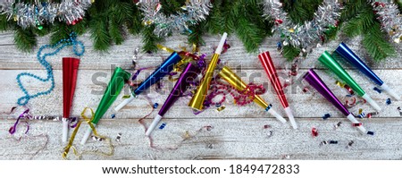 Christmas and Happy New Year decorations on white rustic wood  
