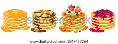 Cartoon pancakes. Stacks of tasty pancakes with maple syrup, butter, chocolate syrup, fruits and jam. Delicious breakfast food vector illustrations. American brunch with berries and nuts Royalty-Free Stock Photo #1849483264