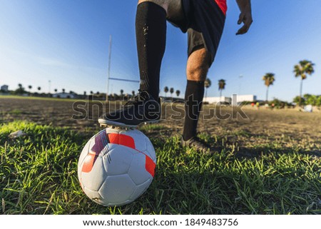 A footballer's foot on the ball on the lawn, the concept of a healthy sporty lifestyle