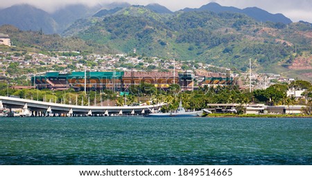 Pearl Harbor, Oahu, Hawaii with Aloha sports stadium overlooking Royalty-Free Stock Photo #1849514665
