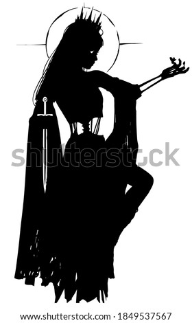 The silhouette of a ghost girl in a black torn dress, her bones show through in places, she holds a dagger with one hand and looks at a butterfly on the other. 2D illustration.
