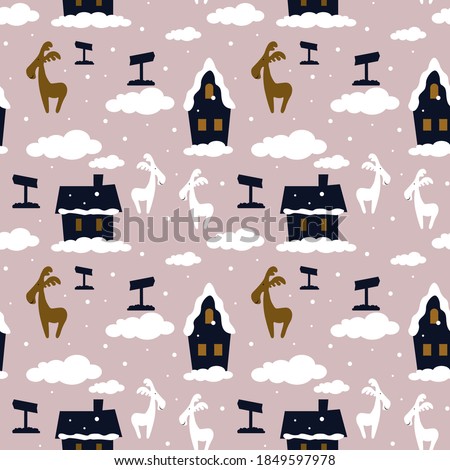 
Cute Christmas illustrations, bright colorful holiday design elements. Seamless pattern with houses, snowfall and deer.