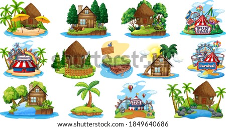 Set of different bangalows and island beach theme and amusement park isolated on white background illustration