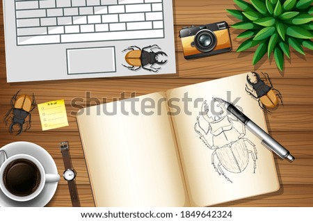 Top view office work desk with office elements with green leaves illustration