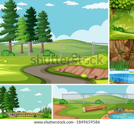 Four different scenes in nature setting cartoon style illustration