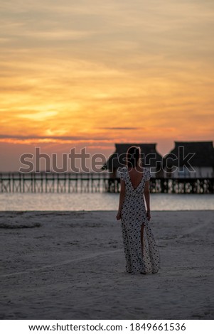 Beautiful young lady on the beach looking in to sunset