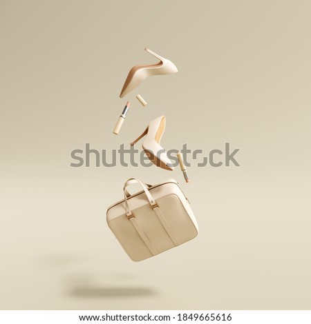 Flying woman's accessories bag, high heels, lipsticks on cream color background. 3d rendering