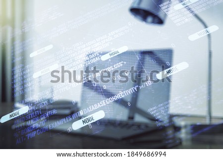 Multi exposure of abstract creative coding sketch with world map on modern laptop background, artificial intelligence and neural networks concept