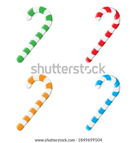 Christmas striped lollipop set. Candy cane collection. Peppermint stick illustration isolated on white background. Green, red, blue, orange vector ornament for xmas design.