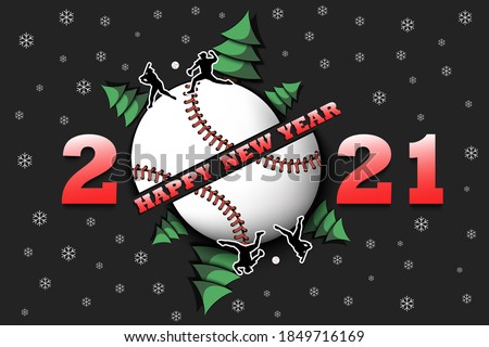 Happy new year 2021 and baseball ball with Christmas trees on an isolated background. Baseball player serves the ball. Design pattern for greeting card. Vector illustration