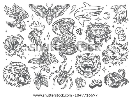 Vintage tattoos set with shark butterfly bug spider fly rooster bear tiger wolf eagle gorilla heads snake scorpio dice diamond cross skull with flames from eyes isolated vector illustration