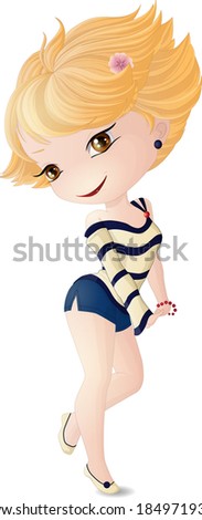 Cute blonde Chibi girl in a striped jacket and blue shorts.