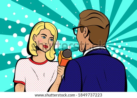 Beautiful girl interviews, journalist with microphone.  Background in comic style retro pop art. 