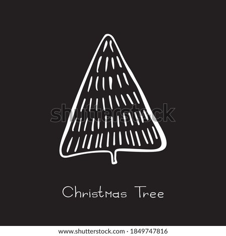 Hand drawn christmas tree icon on black chalkboard background. Xmas tree doodle sketch icon, new year scribble fir symbol, sign, silhouette isolated. Handdrawn vector imitation