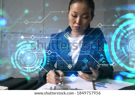 Businesswoman taking notes and tech drawing hologram. Double exposure. Business technology solution.