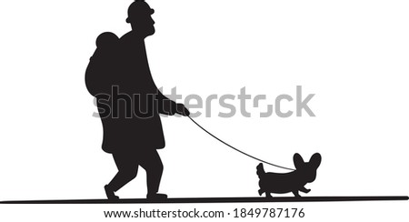 cartoon man walking his dog silhouette vector illustration